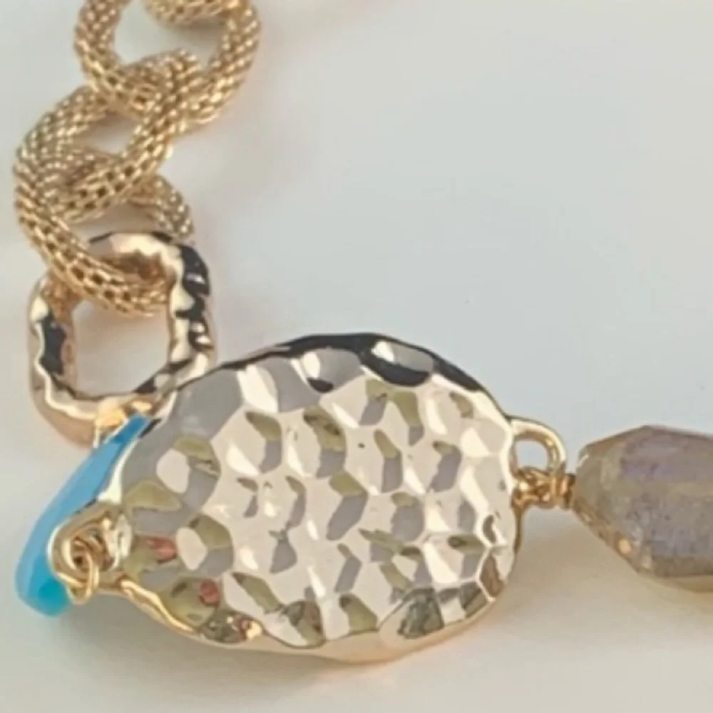 ALEXIS BITTAR • NEW Long Hammered Gemstone Mesh Custom Textured Link Necklace